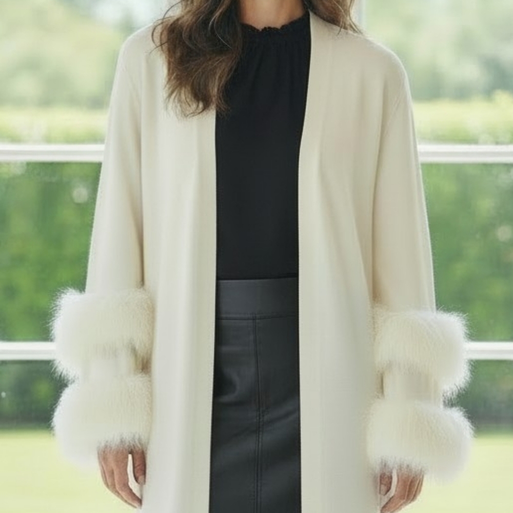 Chico's Traveler's Cream Long Cardigan with Faux Fur Cuffs.
